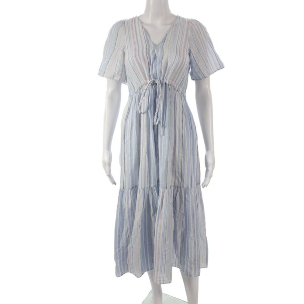 Madewell Womens Blue Striped Cotton V-Neck Sundress Short Sleeve Midi Size 2XS